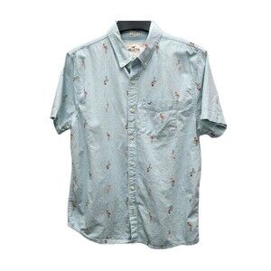 Hollister Stretch Button Down Shirt Mens Large Blue Pink Flamingos Preppy Casual